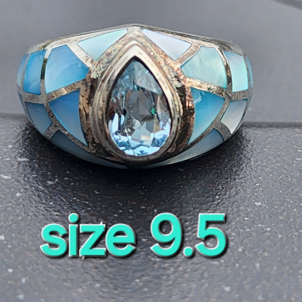 Sterling silver ring Chunky ring blue topaz &  mother of pearl size 9.5 jewelry